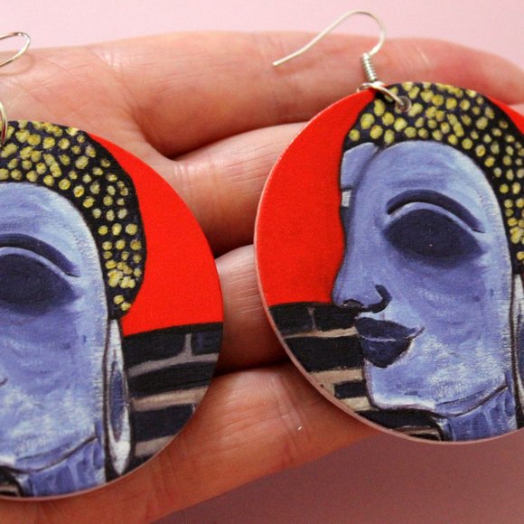 Red Buddha Wood Earrings Statement Jewellery - Picture 2 of 3